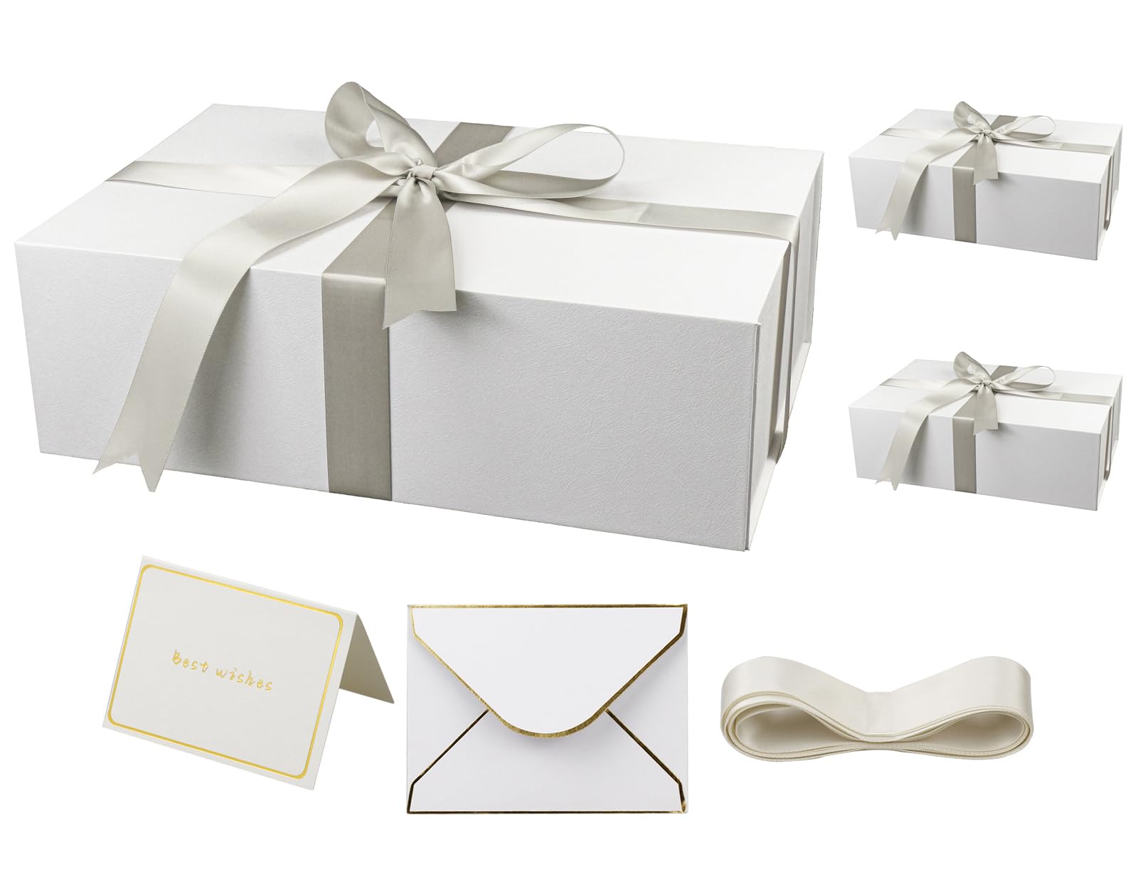 YINUOYOUJIA 3 Pack Large White Gift Box with Lid,14"x9"x4.5" Magnetic Gift Box with Ribbon,Cards and Envelopes for Presents,Great for Wedding,Birthdays,Crafting,Gift Packaging