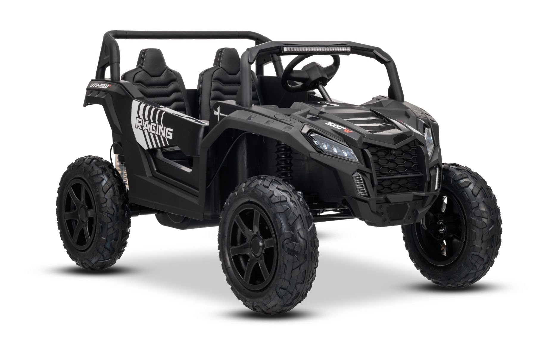 UTV XXL 24V elektryczny samochód dziecięcy, czarny, dwumiejscowy, silnik różnicowy, nadmuchiwane gumowe koła, zawieszenie tylne, hamulec tarczowy, wyściełane siedzenie, regulowana kierownica