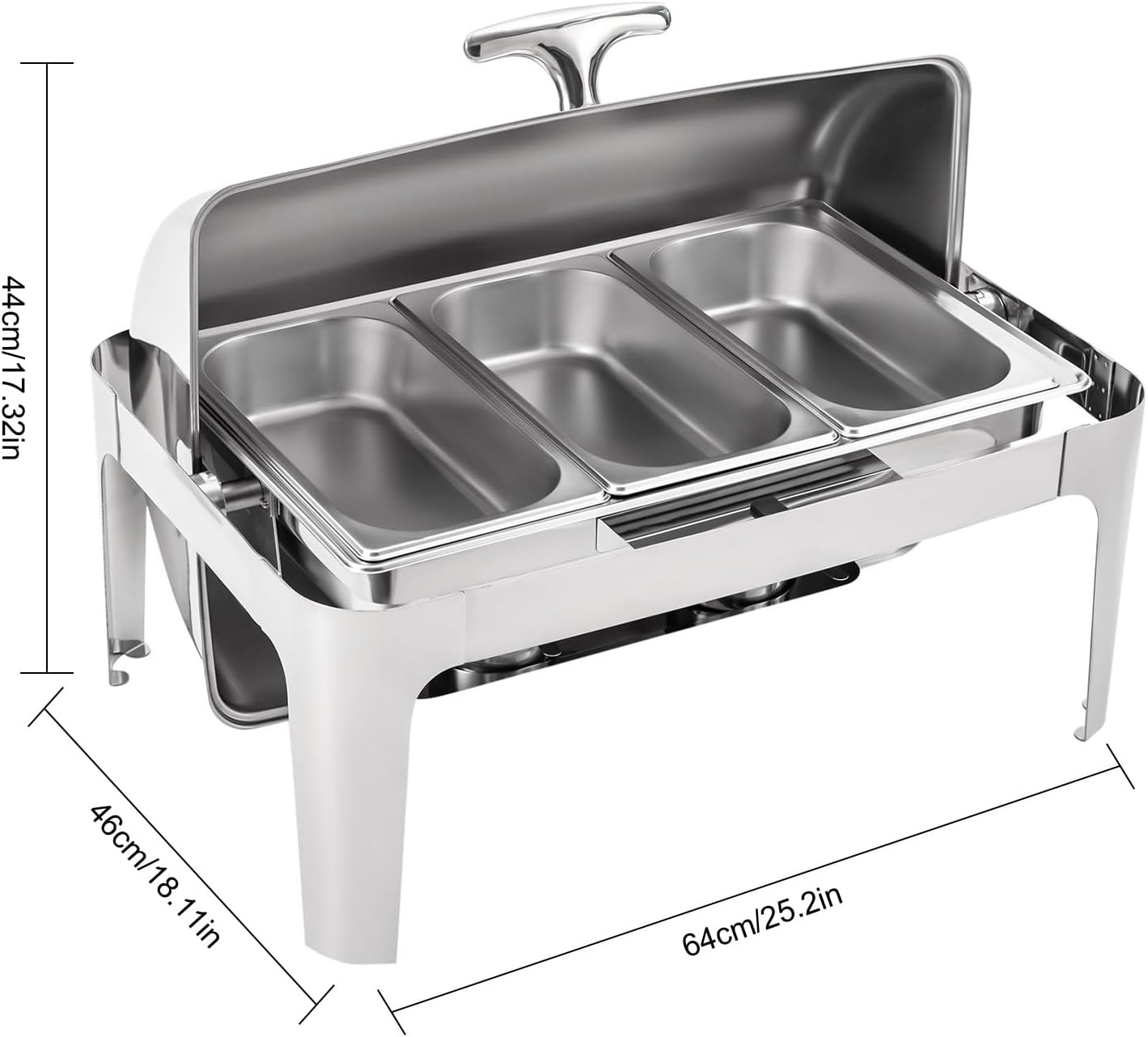 Roll Top Chafing Dishes for Buffet, 9.5Qt 3 Pan Rectangular Catering Food Warmer for Parties, Stainless Steel Buffet Server Dish W/Water Pan & 2 Fuel Cans for Catering, Weddings