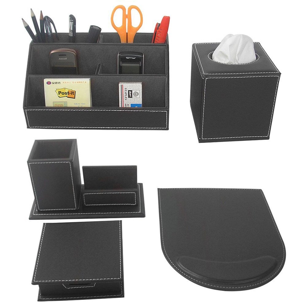 KINGFOM 5PCS Desk Organizer and Accessories Set, Pu Leather Office Supplies with Multifunction Desktop Organizer Storage Box, Tissue Holder, Mouse Pad, Note Paper Holder, Pencil Holder for Desk Black