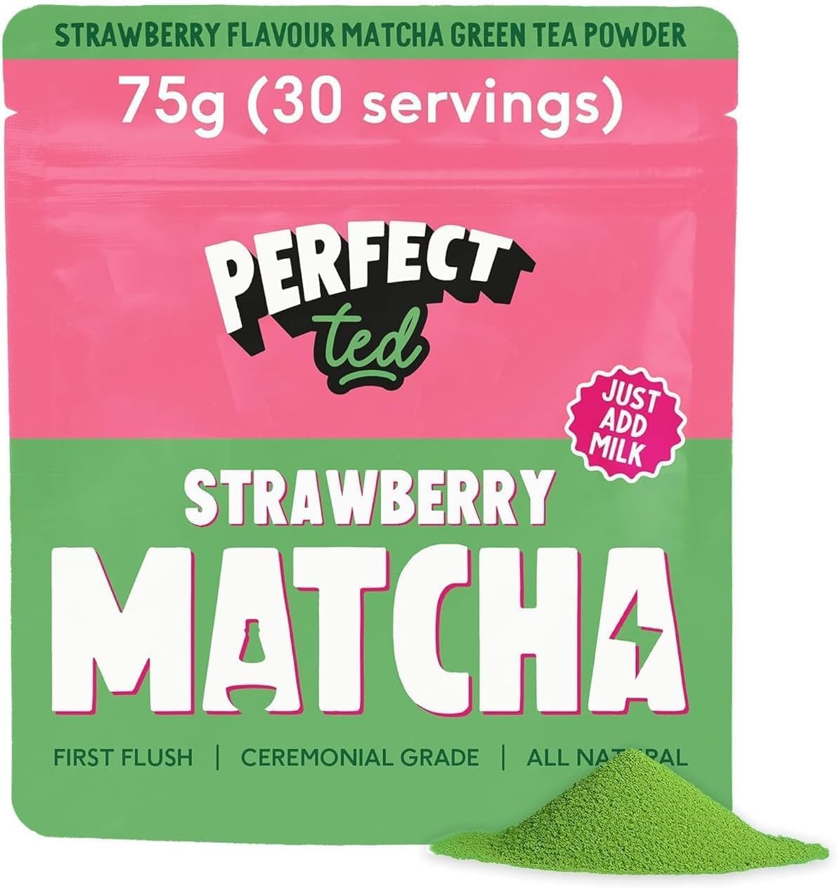 PerfectTed Berry Matcha Powder, Ceremonial Grade Japanese, Perfect for Lattes, Smoothies & Baking | with L-Theanine | Natural Flavour | Antioxidants | Vegan (75g, Strawberry)