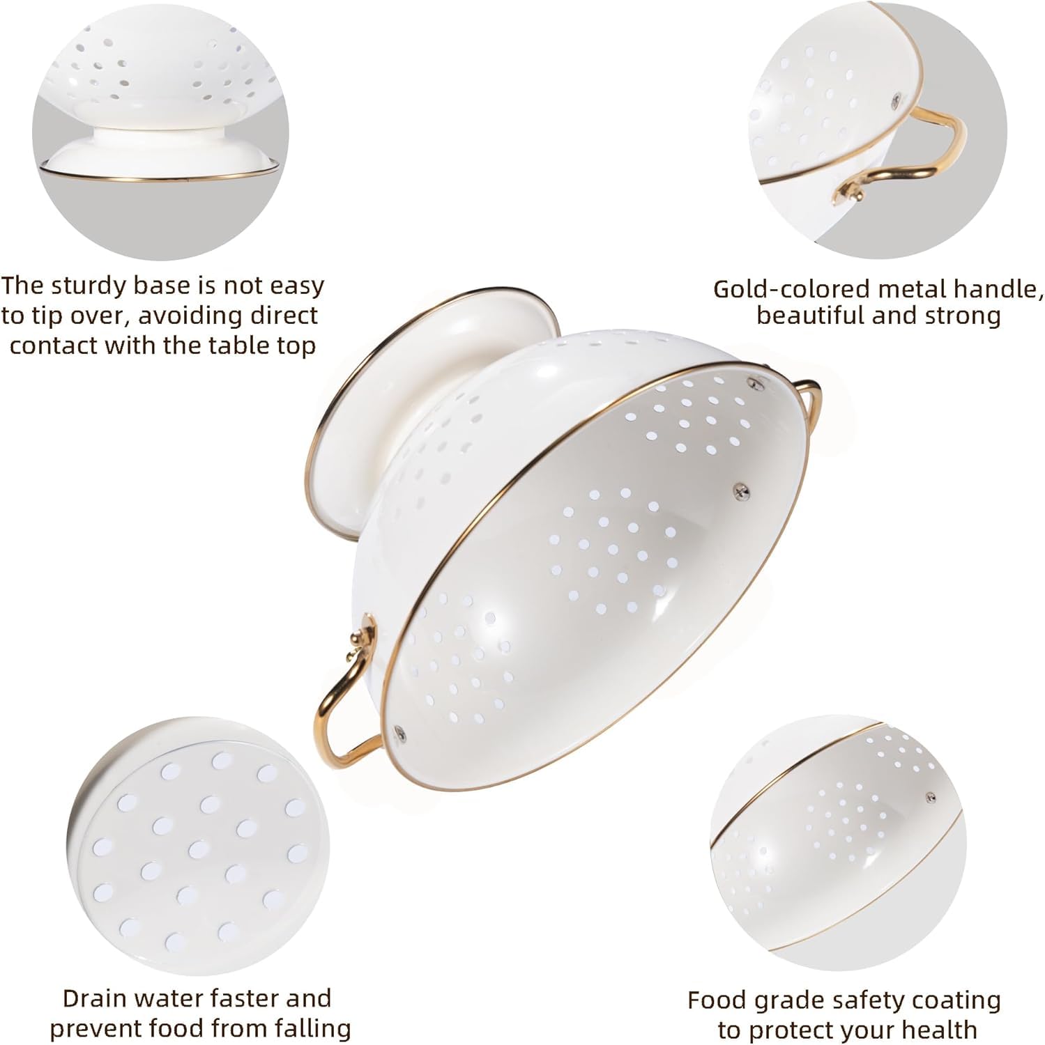 Set di Scolapasta in Metallo - 1, 3,5 e 5 Litri, Colapasta con Manico e Base, Colino da Cucina per Pasta, Frutta e Verdura, Lavabile in Lavastoviglie (Crema)