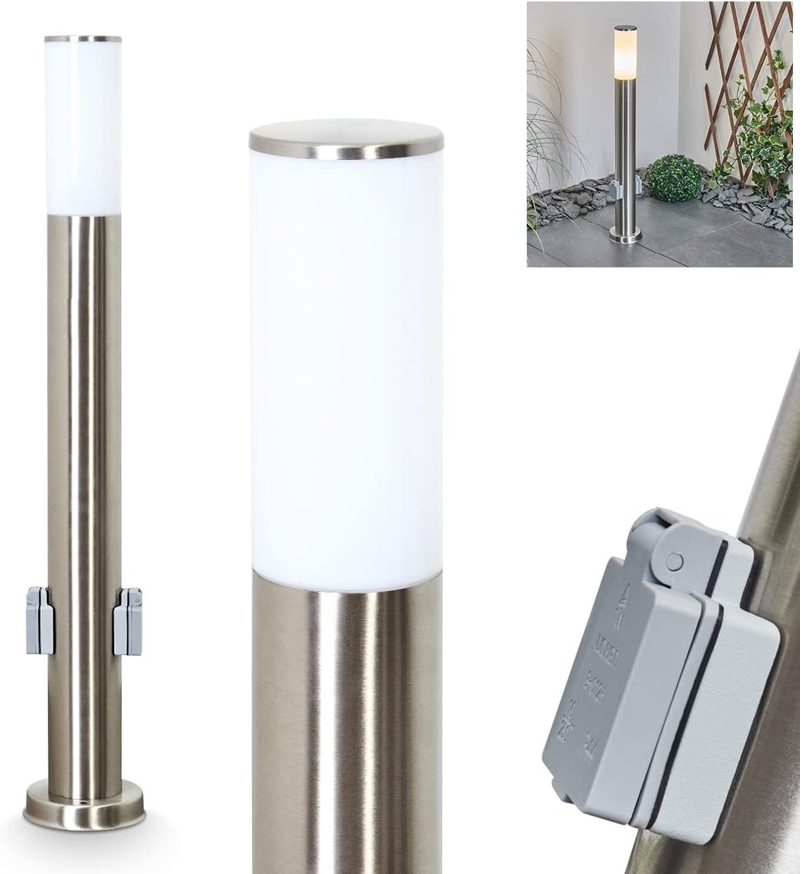 Außenwegeleuchte Caserta mit 2 Steckdosen, moderne Sockelleuchte aus