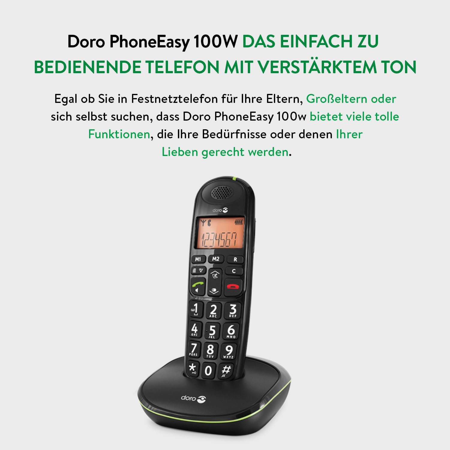 DORO - Doro PhoneEasy 100w - Schnurloses Festnetztelefon - Große Displayanzeige - Extra große Tasten - Freisprechfunktion - Lauter Klingelton - Lautstärkeregler - Schwarz