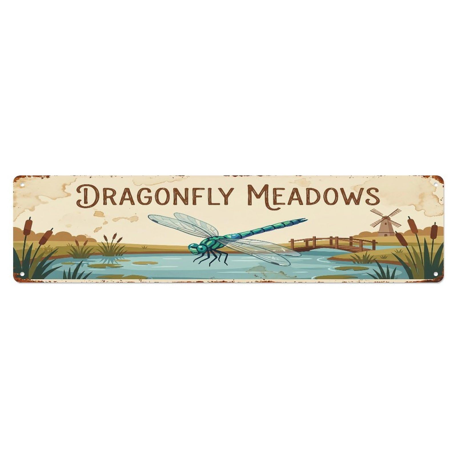 Metal Tin Sign Vintage Dragonfly Farm Scene Dragonfly Meadows