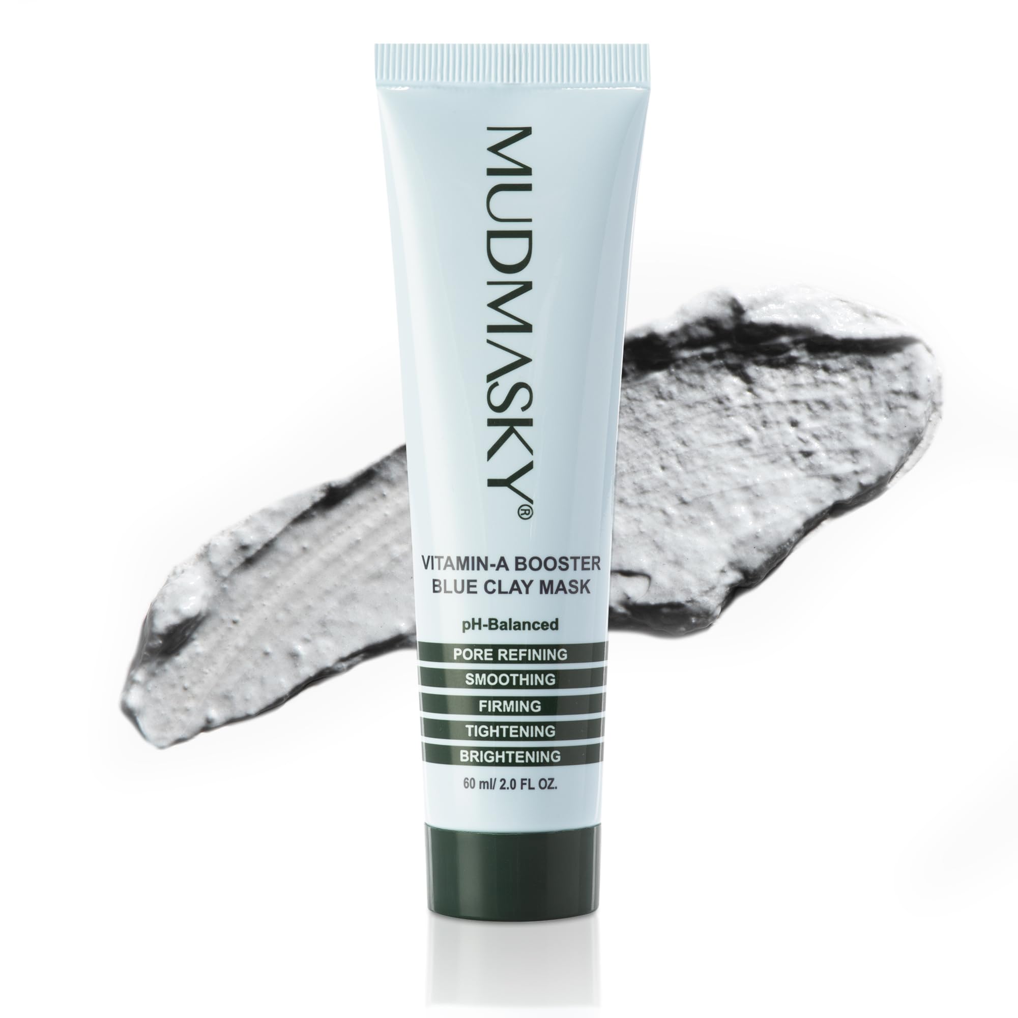 MUDMASKY Vitamin-A Booster Blue Clay Mask 60ml / 2.0FL - Natural Retinol Alternative with Bakuchiol, Skin Care for Pore Refinement, Tightening & Brightening - Fragrance-Free Beauty Face Mask