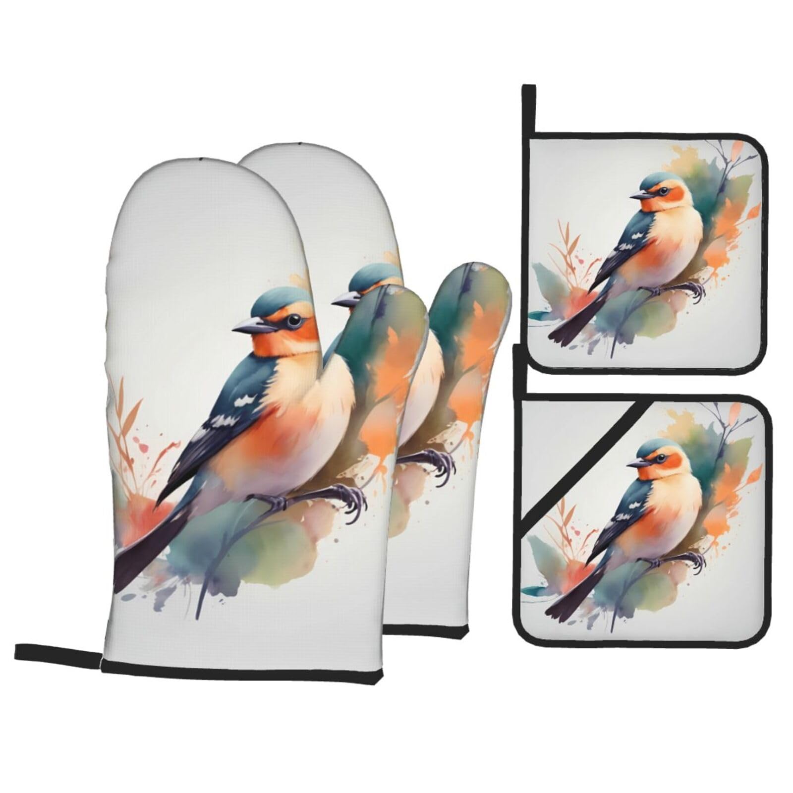HJFCZH Watercolor Bird Picture Kitchen Baking Set of 4 Thick Insulated Oven Mitt & Pot Holders, Anti-Scalding for Microwave, Oven, Outdoor BBQ