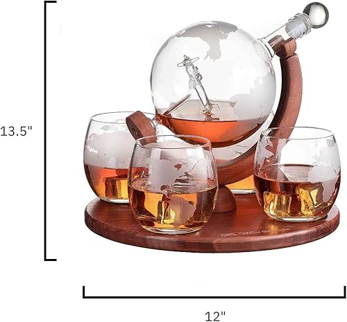 Miniatura 6 de Decantador del mundo grabado con globo de whisky, juego de regalo de whisky The Wine Savant con avión antiguo, piedras de whisky y 4 vasos de mapa