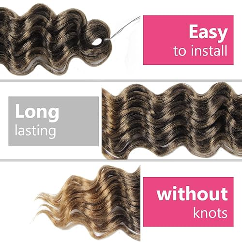 Miniatura 4 de Cabello ondulado con ganchillo de 12 pulgadas, paquete de 8 paquetes de extensiones de cabello sintético ondulado suave con trenzado profundo (T27