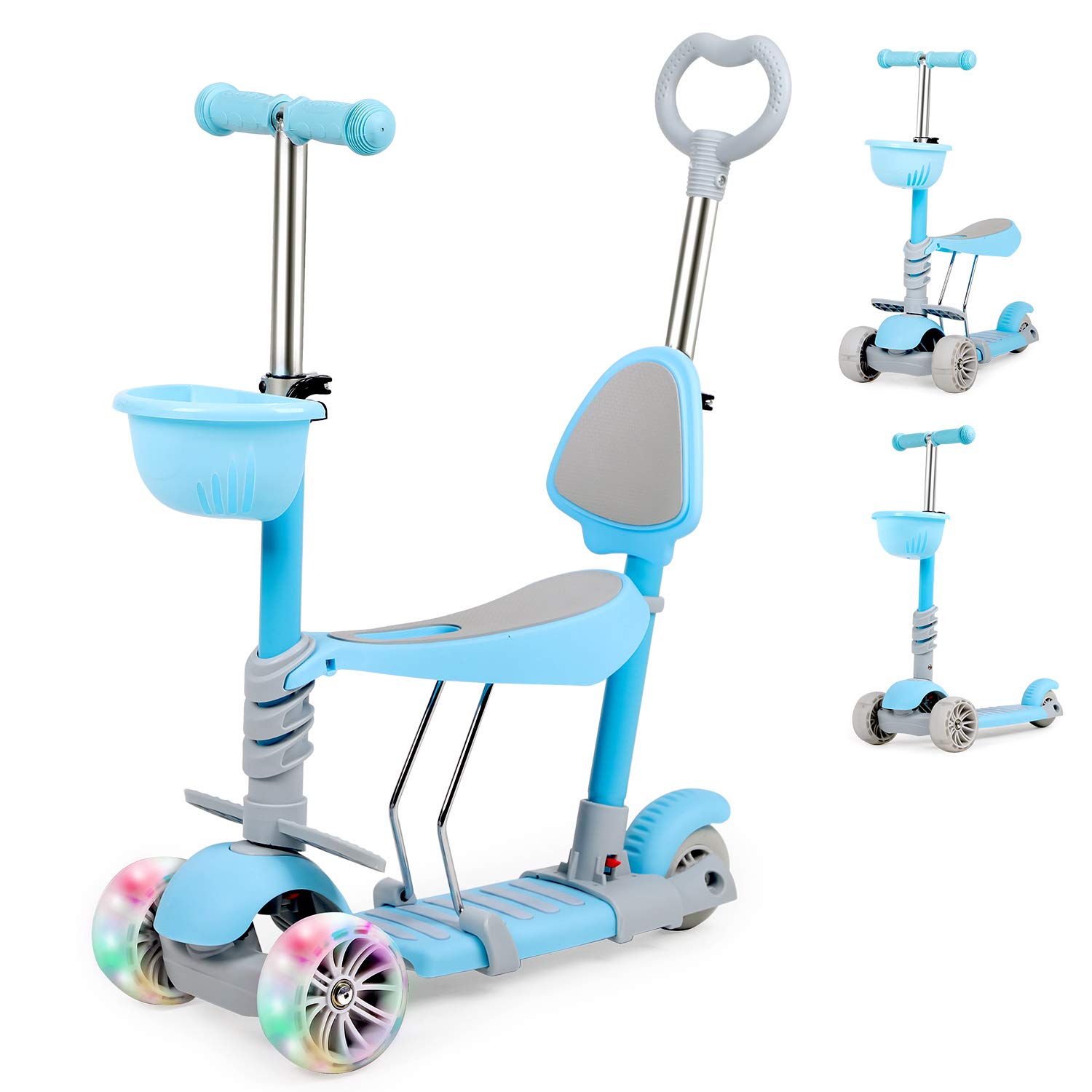 5-in-1 Kids Scooter, 3 Wheel Height-adjustable Kick Scooter, with Removable Seat & Push Handle, LED Light Up Wheels for children boys girls (Light Blue)