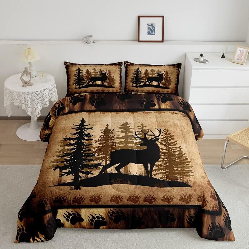 Feelyou Cute Deer Comforter Set for Girls Boys Kids Deer Hunting Bedding Set Room Decorative Rustic Bear Paw Print Bedding Set Canbin Deer Brown Duvet Set Queen Size 3Pcs Quilt Set