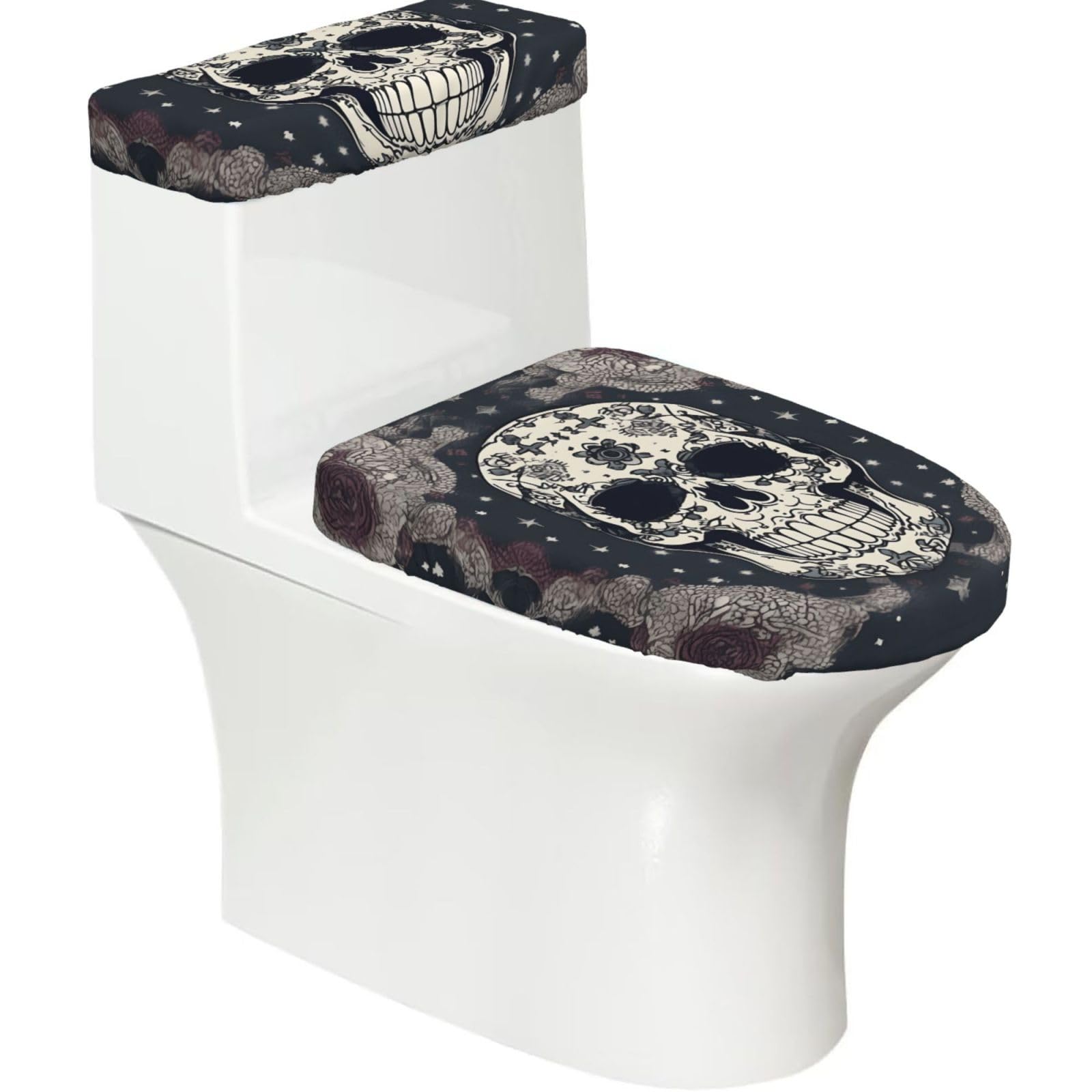 Skull Yoga and Flower Printed Toilet Tank and Lid Cover Set of 2 for Most Bathrooms, Fits Elongated Round Toilets