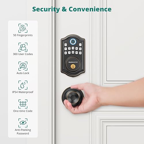 Miniatura 4 de DS10 - Cerradura de puerta de entrada sin llave con perilla de puerta, cerradura de puerta de huellas dactilares, cerrojo de teclado electrónico,