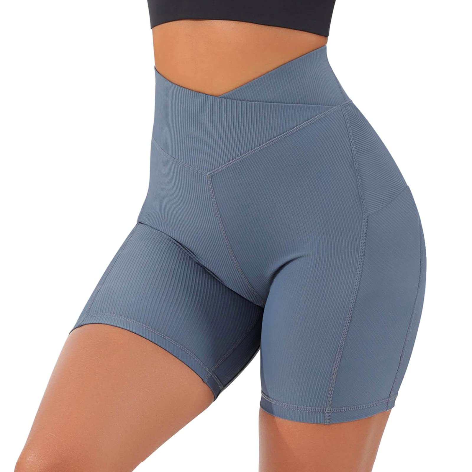 Pantaloncini Yoga Donna Vita Alta Con Scollo A V Sul Retro - Corti Biker Per Palestra E Fitness, Nero, M