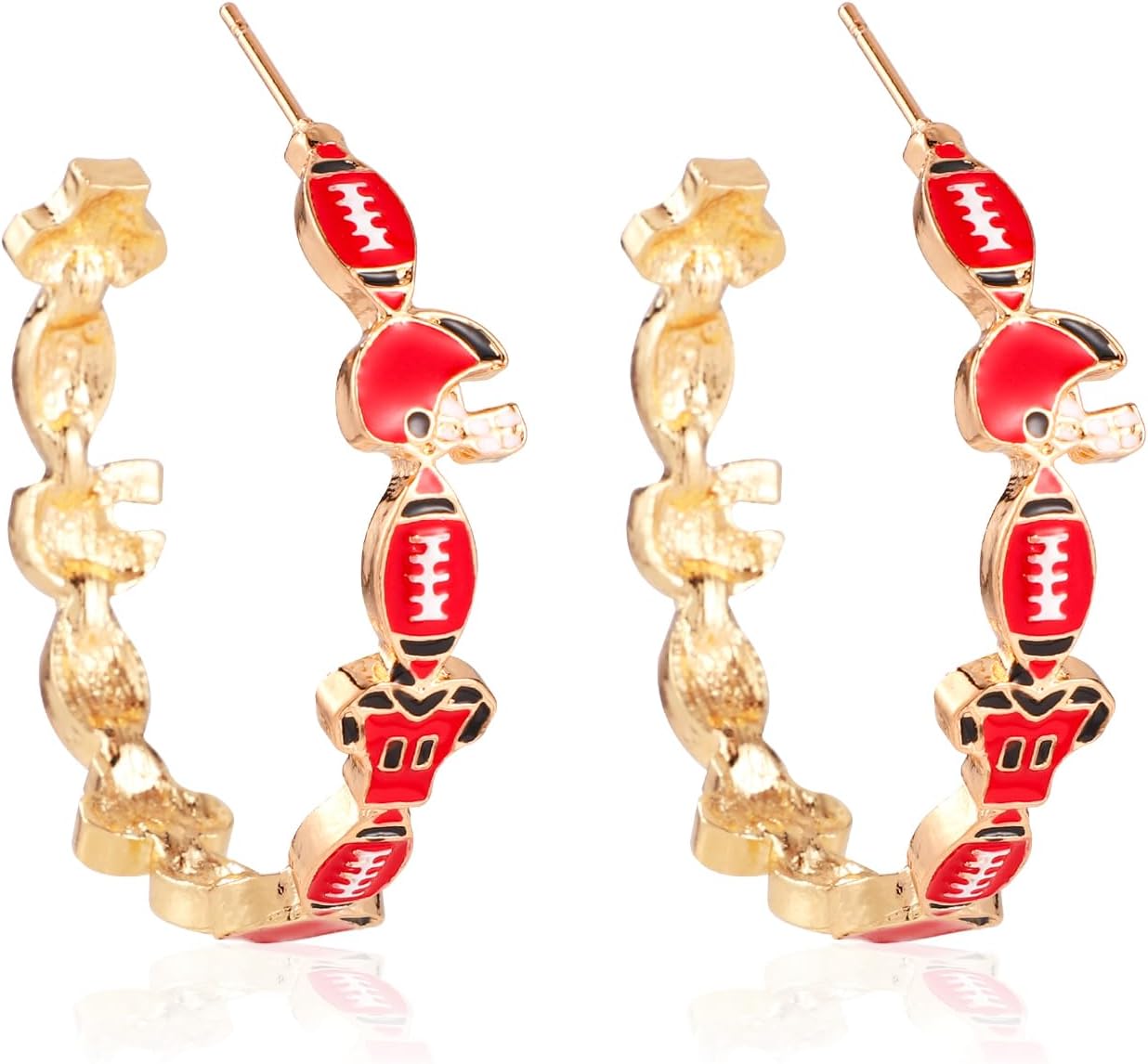 Game Day Hoop Earrings for Women, Football Earrings Helmet Jersey Hoop Earrings Sport Earrings Rugby Jewelry Gifts Earrings for Party Favor Sport Team Outfits Accessories (Red Black)