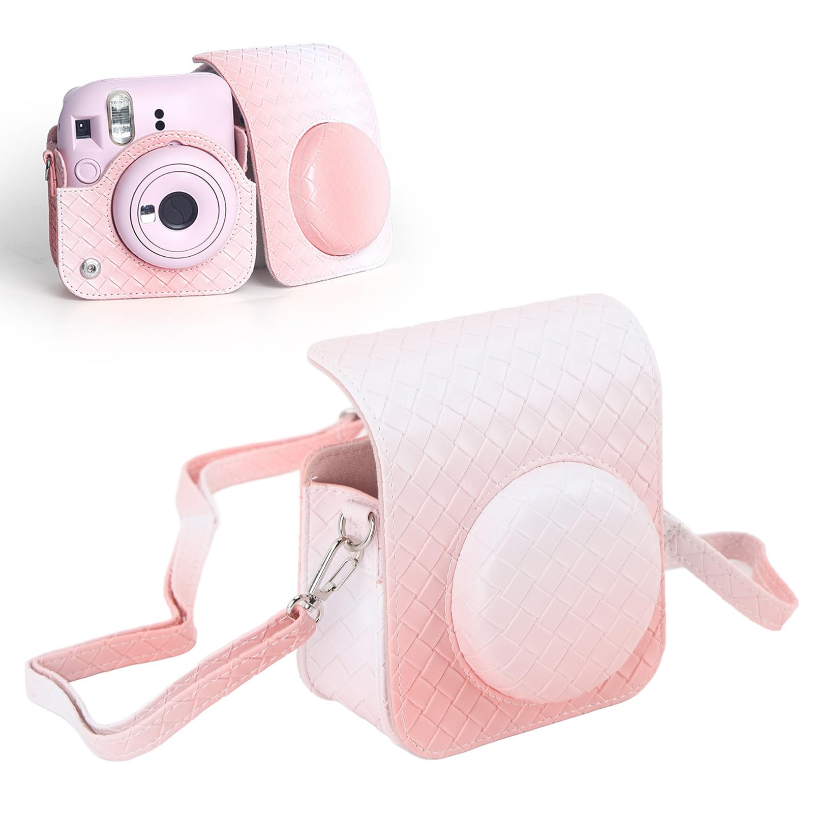 Case for Fujifilm Instax Mini 12, Rainbow Gradient Woven Texture Camera Bag with Shoulder Strap, Rain Proof Shockproof PU Leather Camera Protective Case, Gifts for Girls (Pink)
