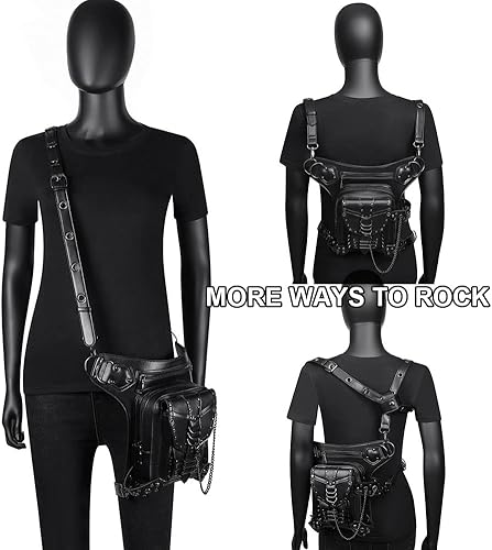 Miniatura 4 de Riñonera gótica, riñonera de cuero steampunk, bolso de cadena para pierna, bandolera de hombro, bolsa de cadera, Negro 095