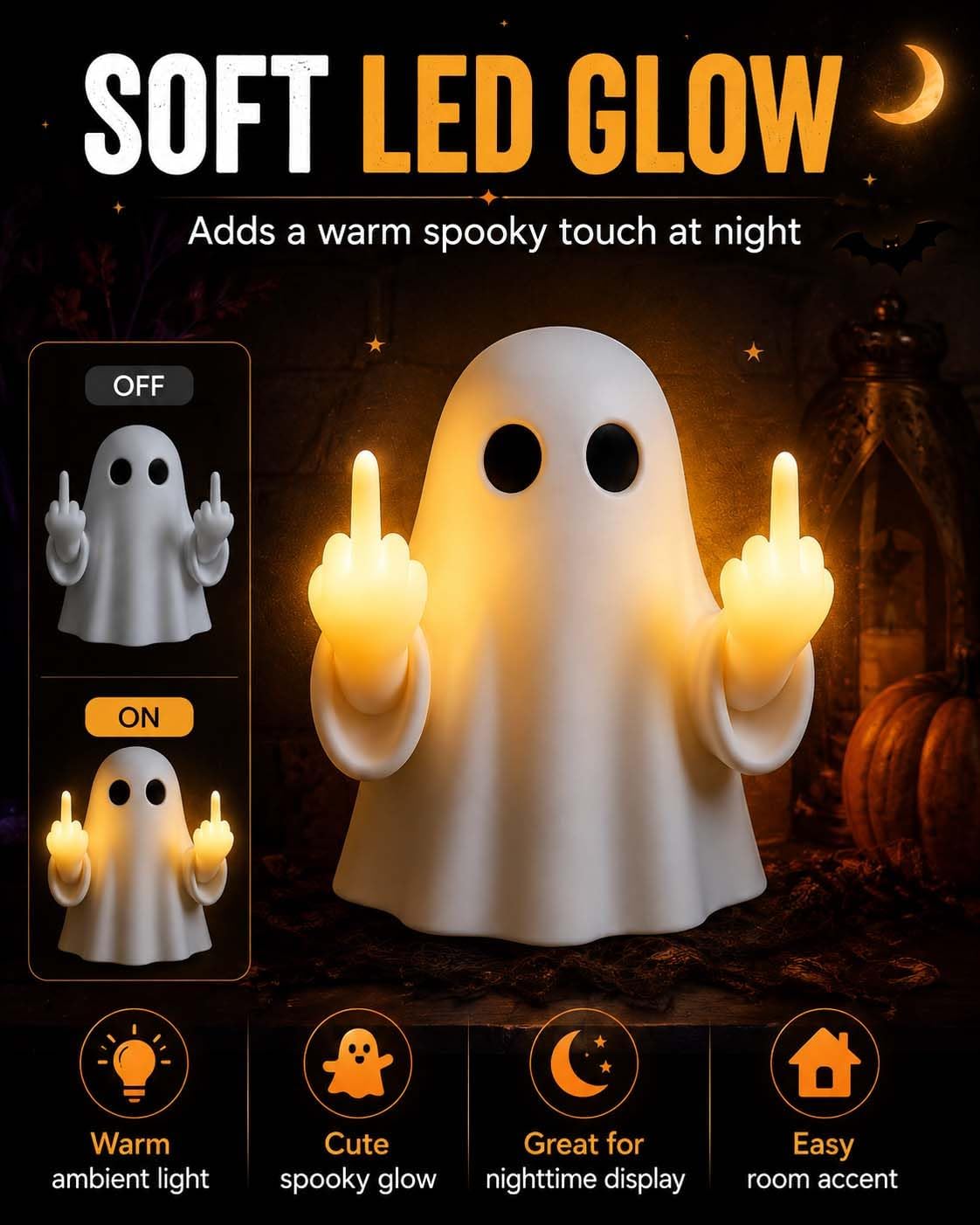 Leuchtender Geist mit Mittelfinger, Nachtlicht Halloween Geisterlampe, 3D Mittelfinger Niedliches Geister, Lustige Wandlampe Deko für Zuhause, Schlafzimmer, Streich Geschenke (2PCS)