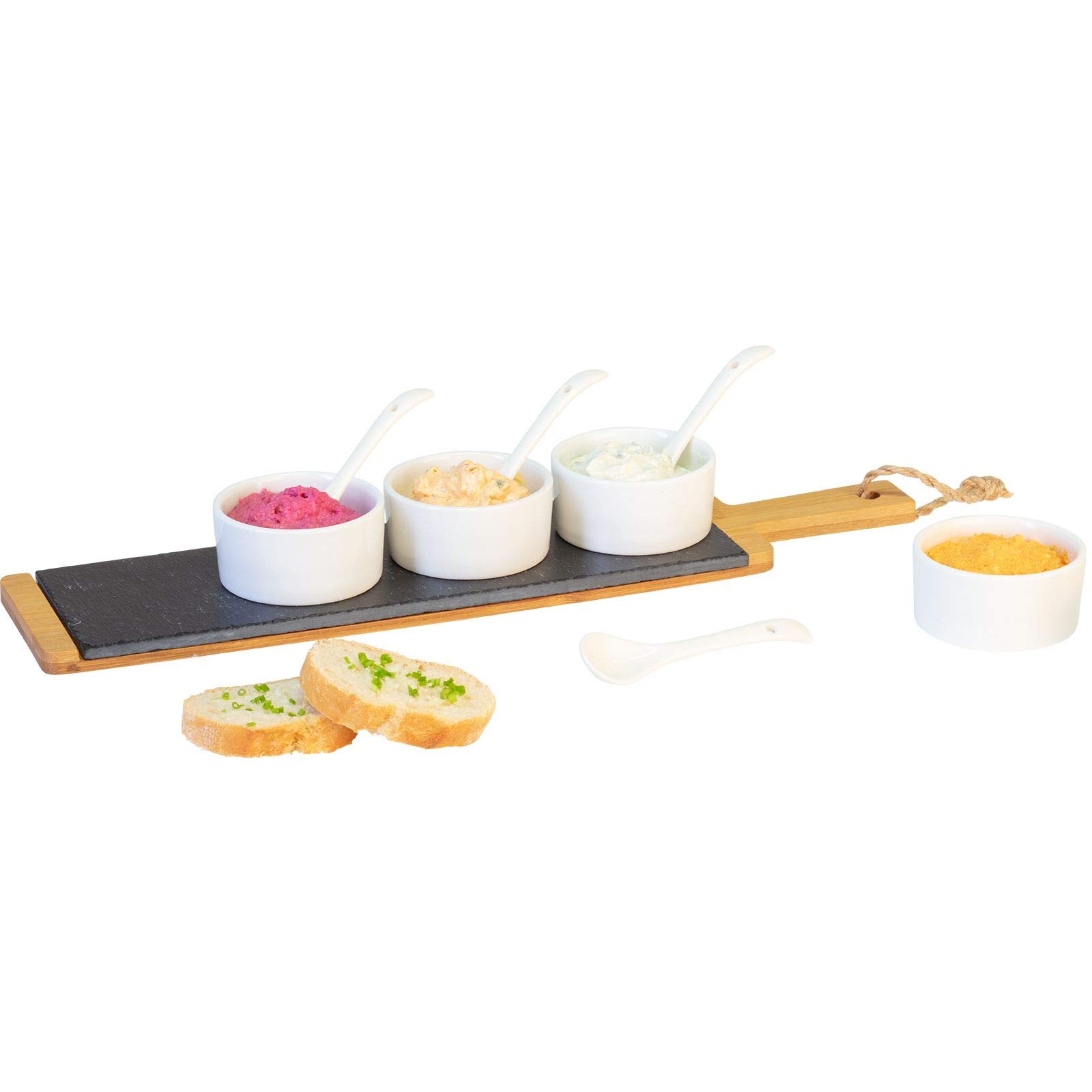 Westmark Set da portata, 9 pezzi, 1 tagliere in bambù/ardesia + 4 ciotole + 4 cucchiai, Ardesia/Bambù/Ceramica, Tapas + Friends, Antracite/Marrone chiaro/Bianco, 69662260