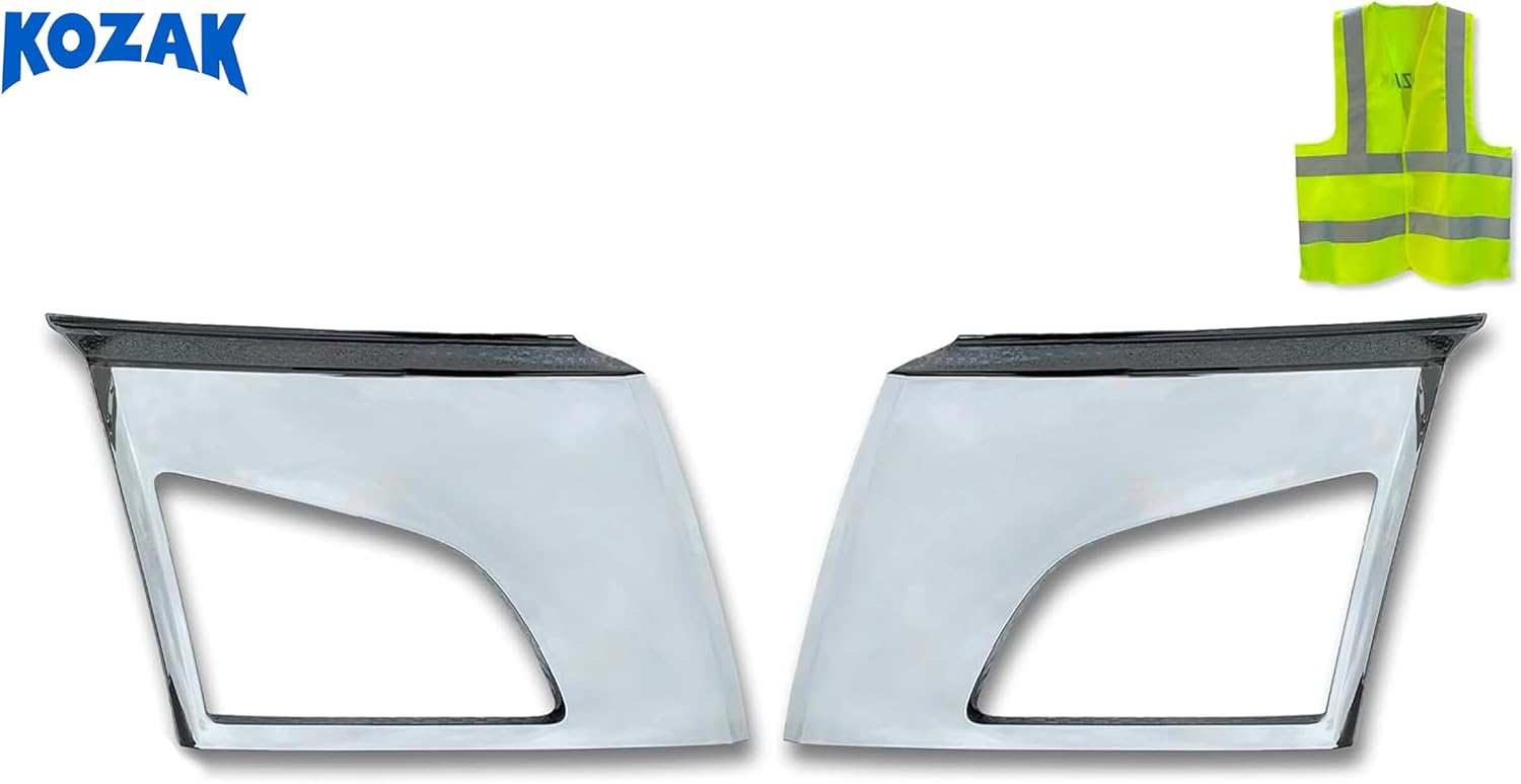 KOZAK Bumper Corners Chrome Trim w/Fog Light Holes Set (Driver Left & Passenger Right Side) Сompatible with Volvo VNL 2018+ Includes Keychain and Reflective Vest