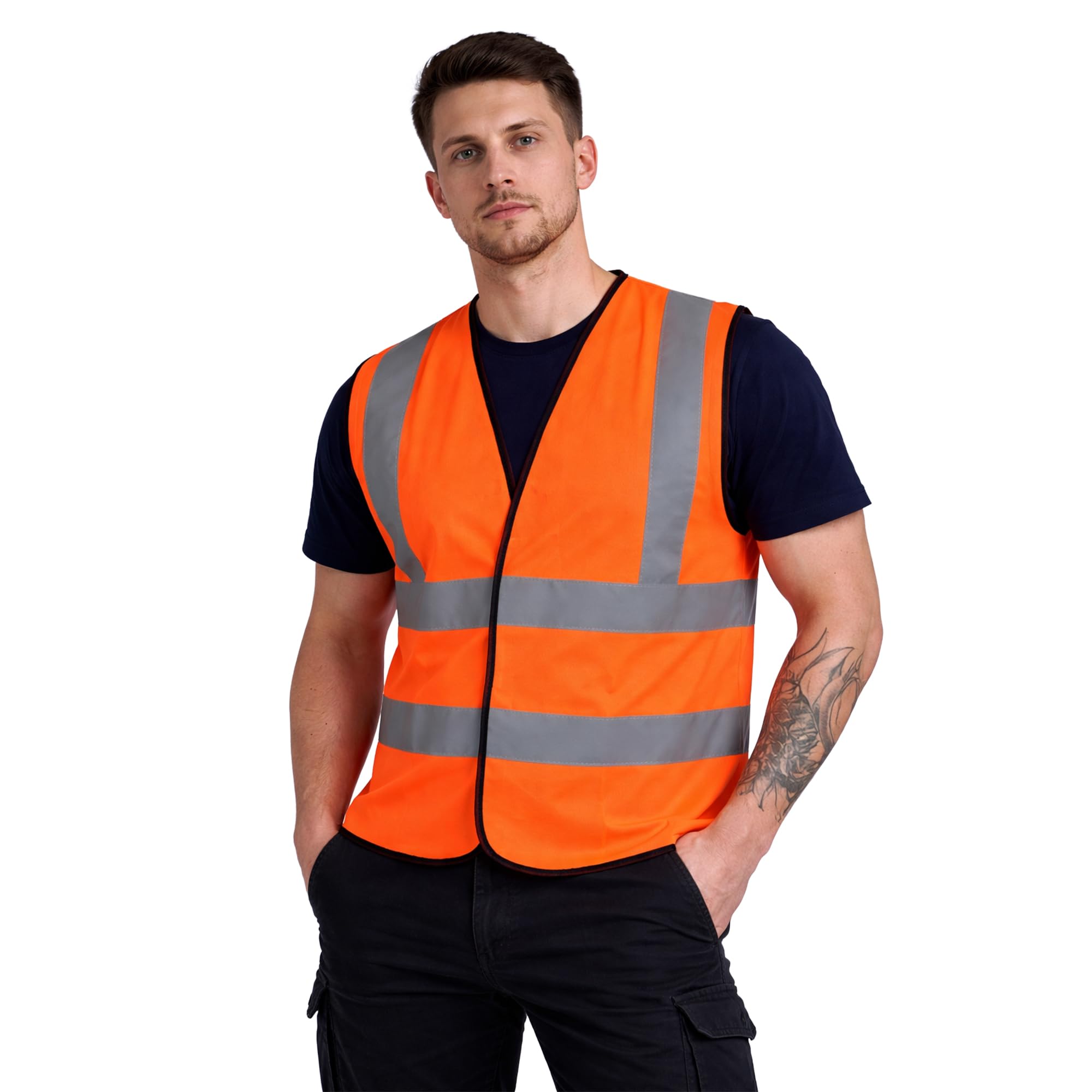 HuntaDeal Hi Viz Vis Vest High Visibility Reflect Workwear Safety Waistcoat, Orange, S