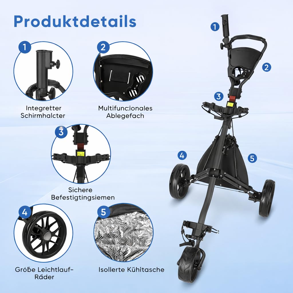 Klappbarer Golf Trolley 3-Rad, Aluminium Golfwagen mit Schirmhalter, T-Stückhalterung und Aufbewahrungstasche – Leichter Golfcaddy als Push Cart