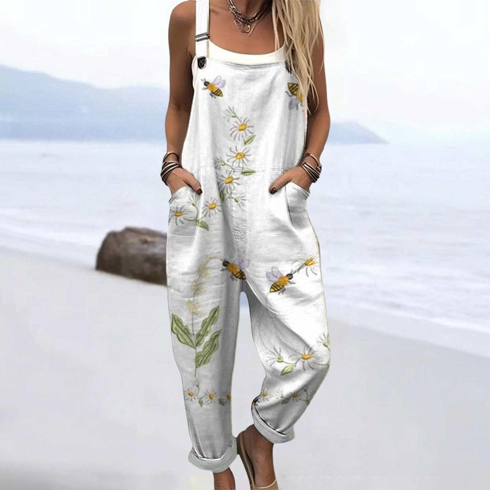 Generico Salopette Donna Estiva Lunga Elegante Tuta Jumpsuit Intera Curvy Casual Moda Stampa Jumpsuits Comoda Larga Pantaloni Da Lavoro Con Tasca Leggera Baggy Salopette da Casa Playsuit Mare