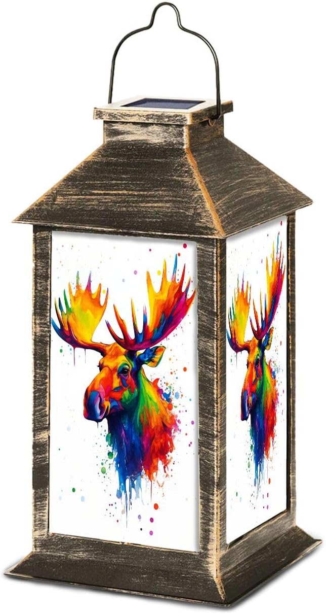 Solar Lantern Paint Splatter Colorful Moose Head Outdoor Waterproof Hanging Solar Light Outside Lights for Patio Yard House Lawn Decor Birthday Gifts for Women Mom