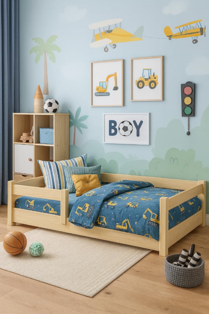 KOBI Lit d'enfant 120x60 cm, avec Tringle - Lit de Sol Nordi en Bois de pin Naturel