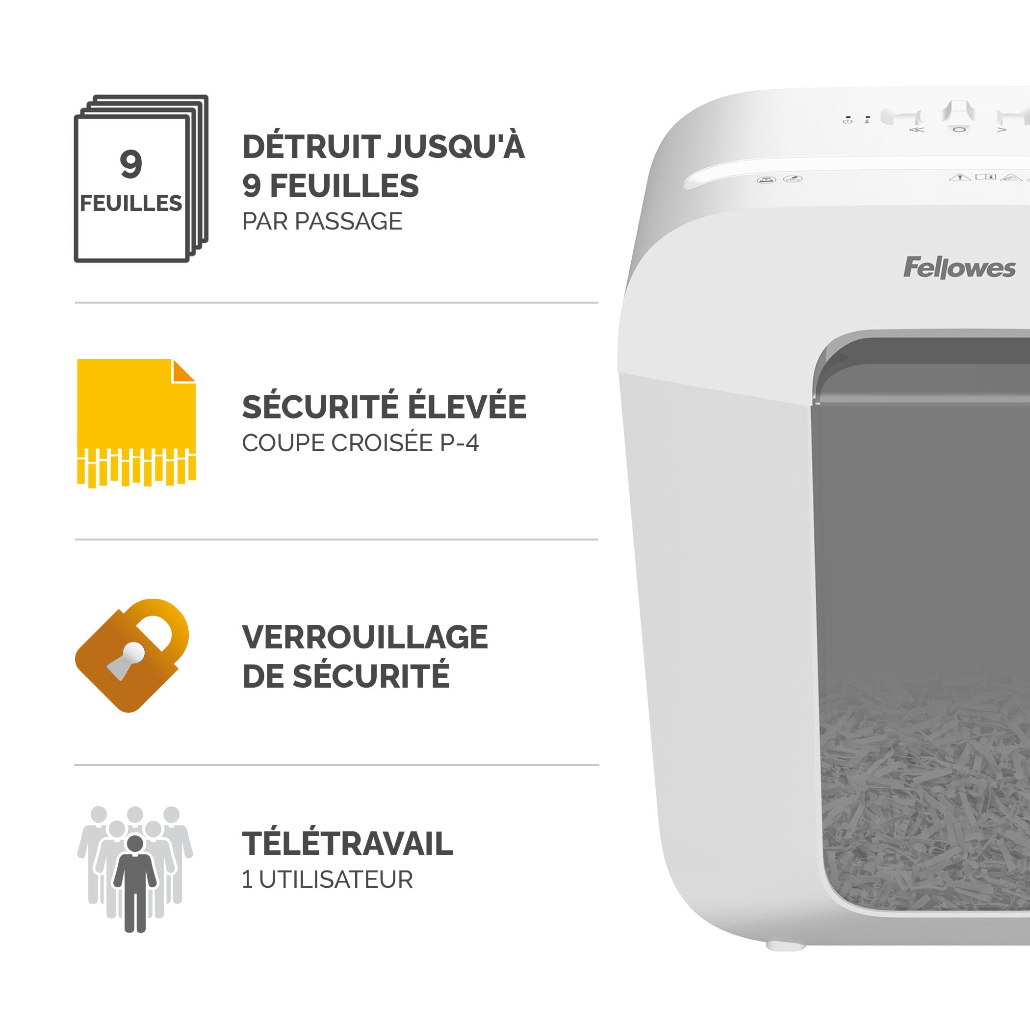 Fellowes FS-9C Destructeur de Documents, Coupe Croisée 9 Feuilles, P4, Bac 17L, Sécurité Enfant, Usage Domestique/Bureau, 31 Feuilles/Min, Déchiqueteuse Papier Haute Sécurité, Blanc