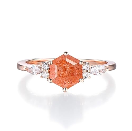 RareCollection Sterling Silver Hexagon Cut Nature Sunstone Ring Rose Gold Sunstone Engagement Ring Orange Gemstone Birthday Jewelry Uniuqe Handmade