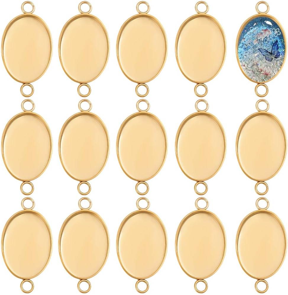 Beebeecraft 1 Box 30Pcs Cabochon Connectors Charm 304 Stainless Steel Gold Color Oval Blank Bezel Pendant with Double Loops for Jewelry Making DIY Craft