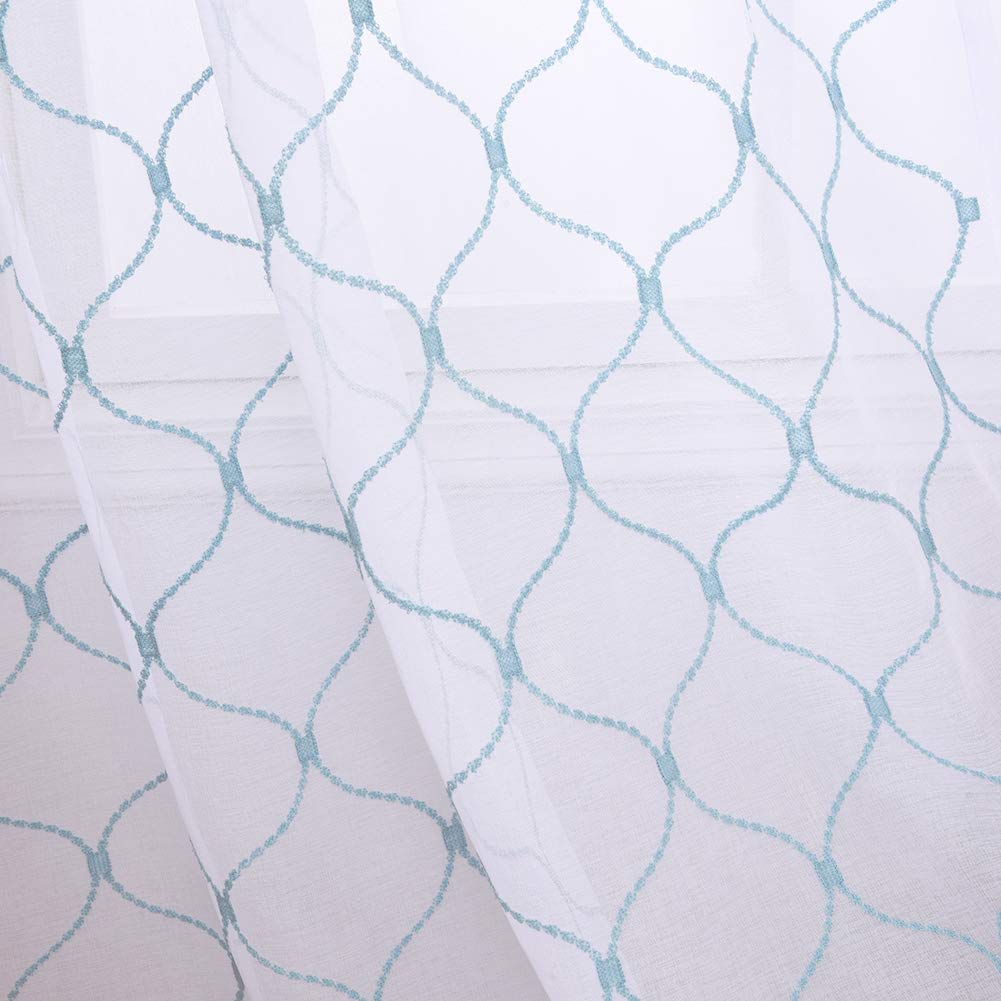 Sheer Curtains Blue 45 Inches Embroidered Wave Diamond, Rod Pocket Voile Drapes for Living room, Bedroom, Window Treatments Semi Curtain Panels for