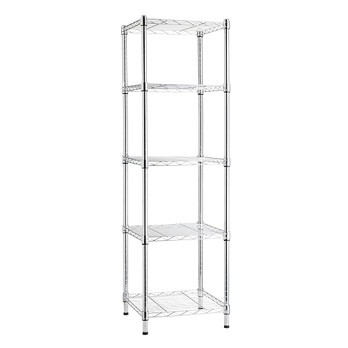 Amazon Basics 5-Shelf Tower Adjustable Storage Shelving Unit, Chrome, 16"