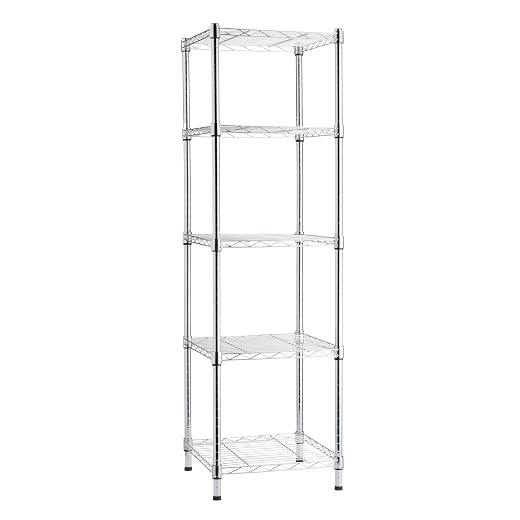 Amazon Basics 5-Shelf Tower Adjustable Storage Shelving Unit, Chrome, 16" x 16" x 54", 150 lbs Per Shelf
