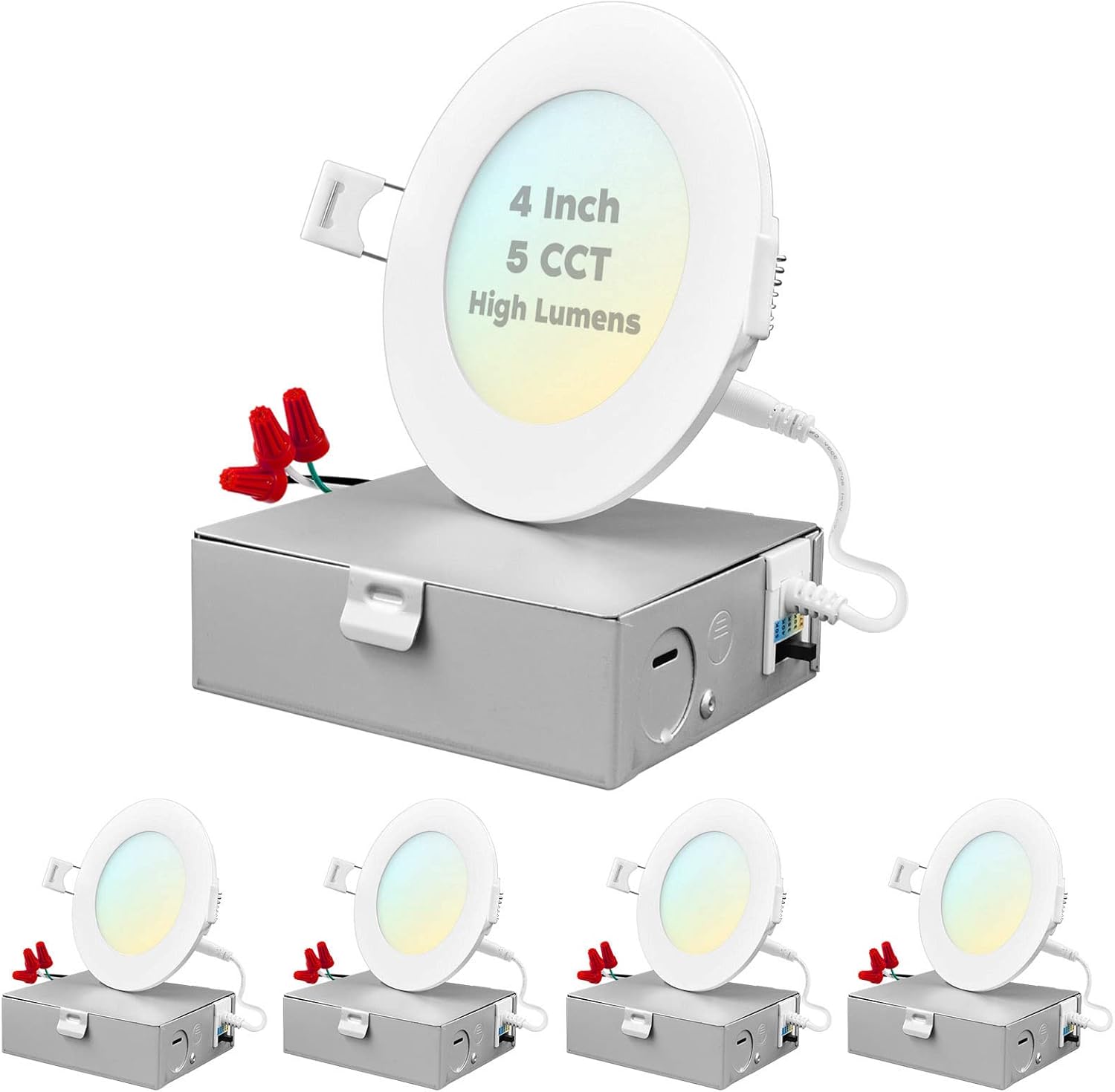LUXRITE 4 Inch Ultra Thin LED Recessed Light with J-Box, 12W, 5 Color Selectable 2700K-5000K, 950 Lumens, Dimmable LED Wafer Lights, High Output, Wet Rated, IC Rated, Energy Star (4 Pack)