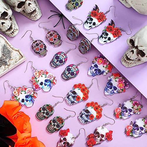 12 Pairs Day of The Dead Earrings Halloween Sugar Skull Golf Earrings Dangle Acrylic Sport Jewelry Decor Skull Gifts for Women (Novel Style)3