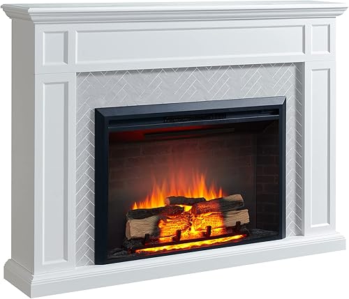 LegendFlame Hailey - Chimenea eléctrica con mantel envolvente de 65 pulgadas e inserto Carl de 39 pulgadas, color blanco crema con acabado de