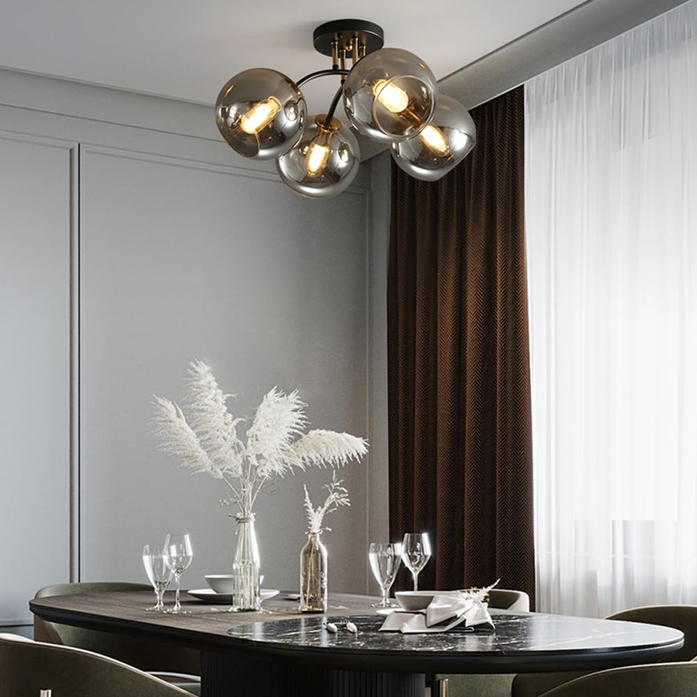 Globo Sputnik Lampadario in vetro Fagiolo magico Molecola Appeso Illuminazione a soffitto Plafoniera in ferro per Agriturismo Soggiorno Sala da pranzo Cucina Camera da letto (4-Luce,Grigio)