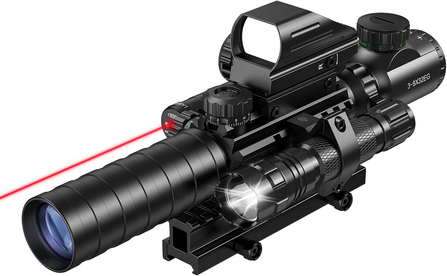 MidTen 3-9x32 Scope Combo with Dual Illuminated Scope Optics & 4 Holographic Reticle Red/Green Dot Sight & IIIA/2MW Laser Sight Rangefinder Illuminated Reflex Sight & 20mm Mount