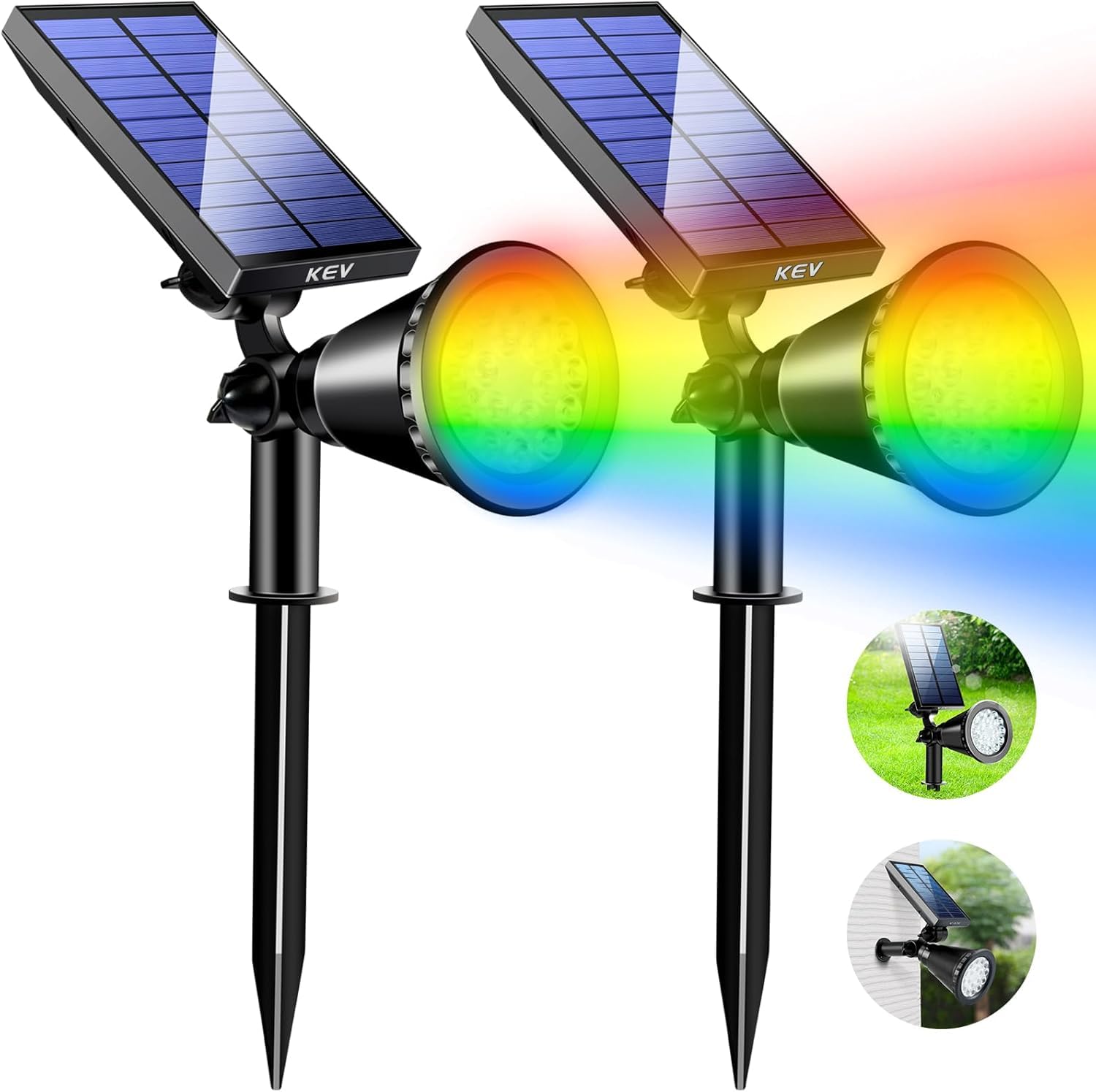 Photo 1 of KEV Solar Spot Lights Outdoor,18 LEDs Color Changing RGB Solar Flood Lights with 8 Modes &IPX65 Waterproof,Halloween Solar Spotlight for Driveway/Backyard/Landscape/Tree(Multicolor,2 Pack)