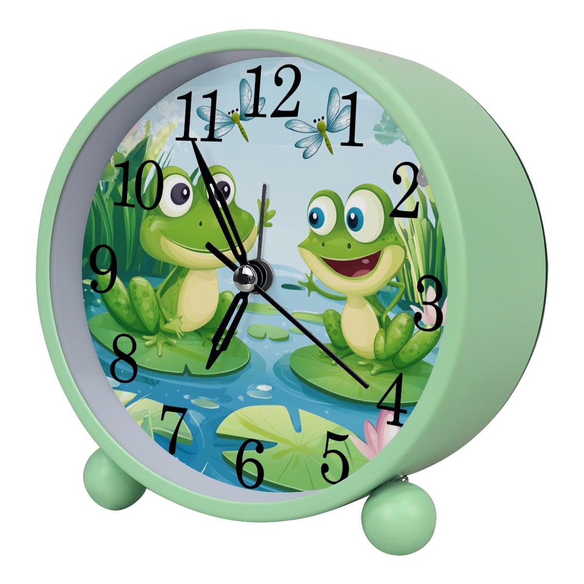 Luoweisi Alarm Clock Pond Frogs, Silent Non-Ticking with Night Light, Round Metal Alarm Clock for Office, Battery Operated, Bedroom, Elderly, Adults, Children, Student Gifts