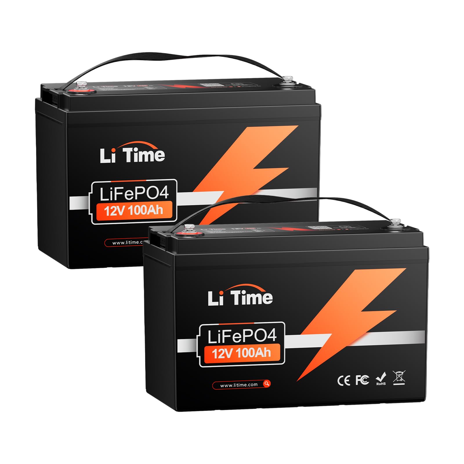 LiTime Batteria Litio 12V 100Ah LiFePO4 Ciclo Profondo per Camper (2 pezzi) | BMS 100A, Max 15000 Cicli, Energia 2560Wh, IP65, Protezione Basse Temperature, Max 4P4S, per Caravan, Barche, Pesca, Yacht