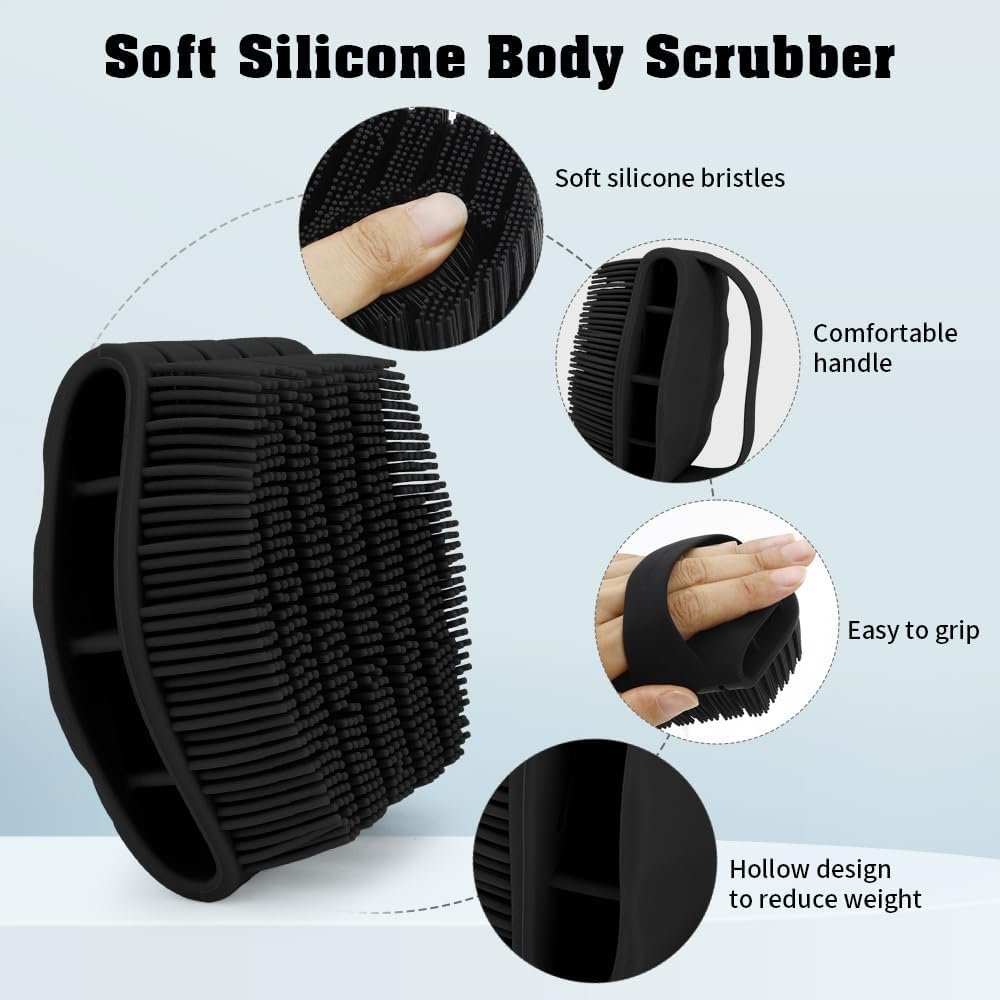 Silicone Body Scrubber 2 Pcs Silicone Loofah Exfoliating Body Scrubber for Men and Women Soft Silicones Shower Scrubbers with Handle Silicones Bodys Brush for All Skin Lather Well Black - Image 5