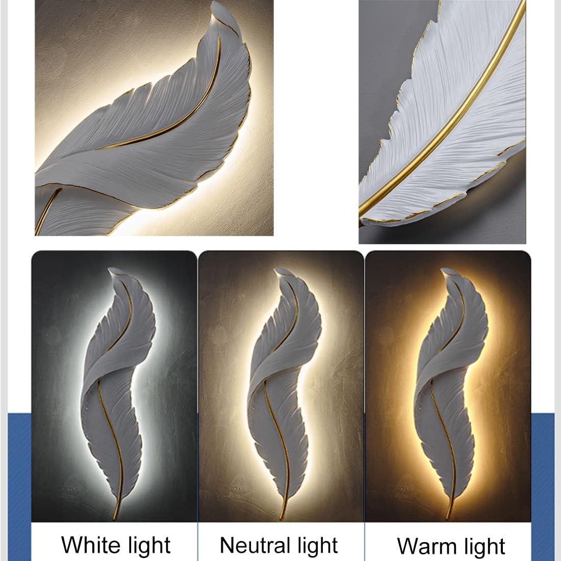 Feather led wall Light Living Room wall Sconce Lights with Unique Resin Feather Design Mid Century Modern Wall Lamp Gold White Art Deco wall Light for Bedroom Hallway Dining Room
