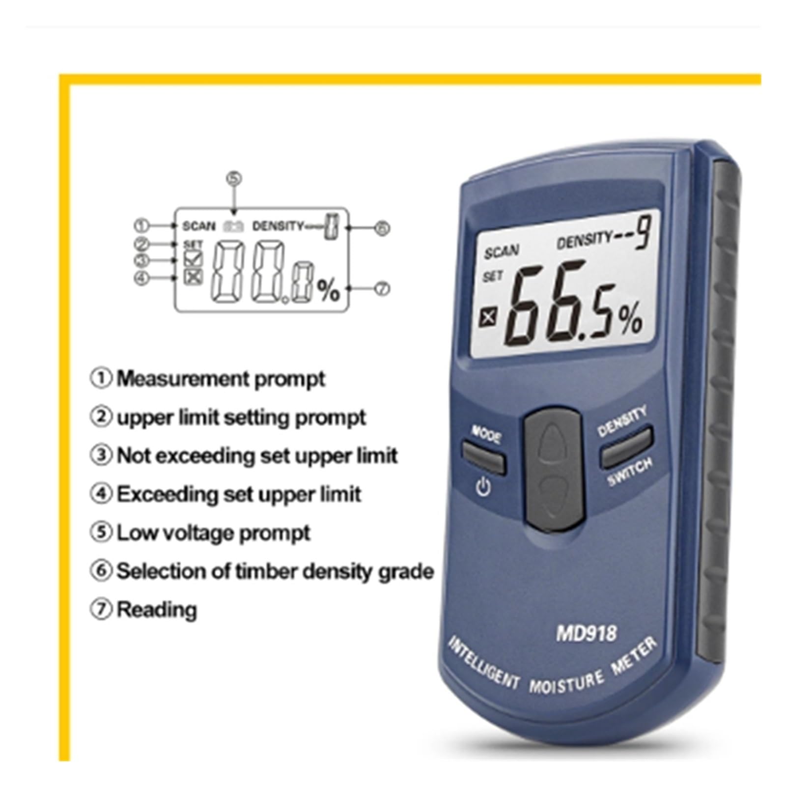 Induktives Hygrometer, Holzfeuchtigkeitsdetektor, digitaler Feuchtigkeitsmesser for Holz, 4–80% MD918 (1 Stück) Einfache Bedienung