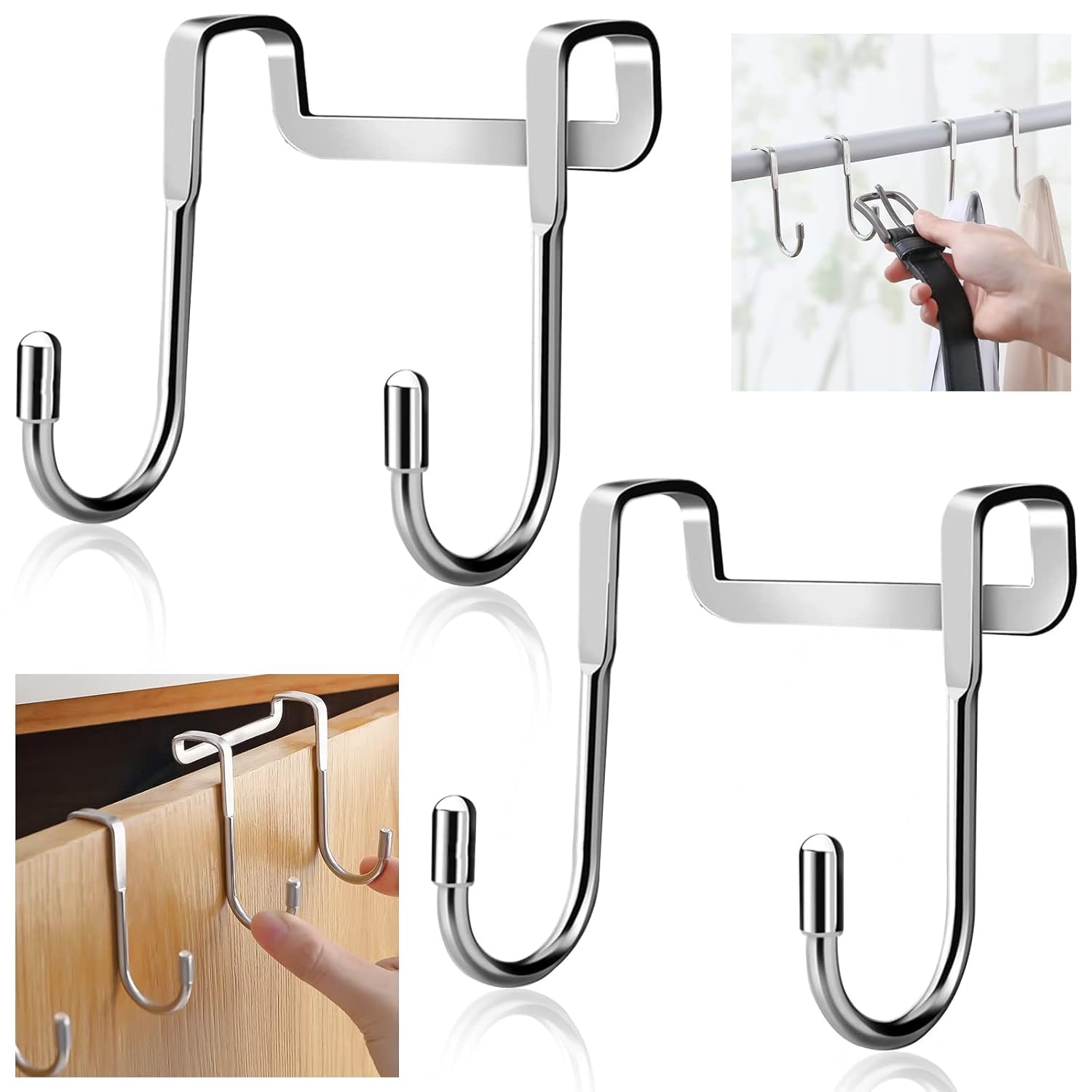 2PCS Over Door Hook Hanger Stainless Steel Shower Towel Hooks for Hanging, Multipurpose Cupboard Narrow Door Hooks for Bathrooms Kitchen Cabinet Wardrobe-image-10