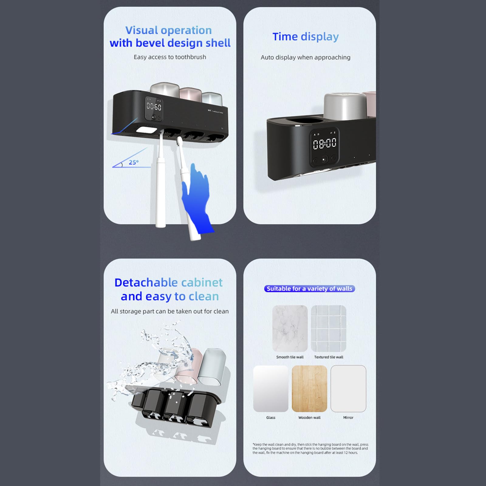 Caja de Almacenamiento para cepillos de Dientes, Estante de Almacenamiento para cepillos de Dientes eléctricos, se Puede cronometrar/Cargar,Black