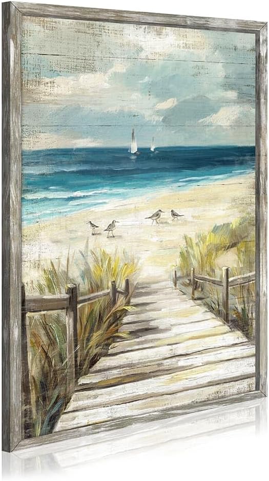 Wood Ocean Beach Wall Art: Framed Coastal Landscape Painting Vertical Seaside Boardwalk Prints Rustic Sea Wave Seascape Artwork Relaxing Shore Seagulls Picture for Bathroom Bedroom