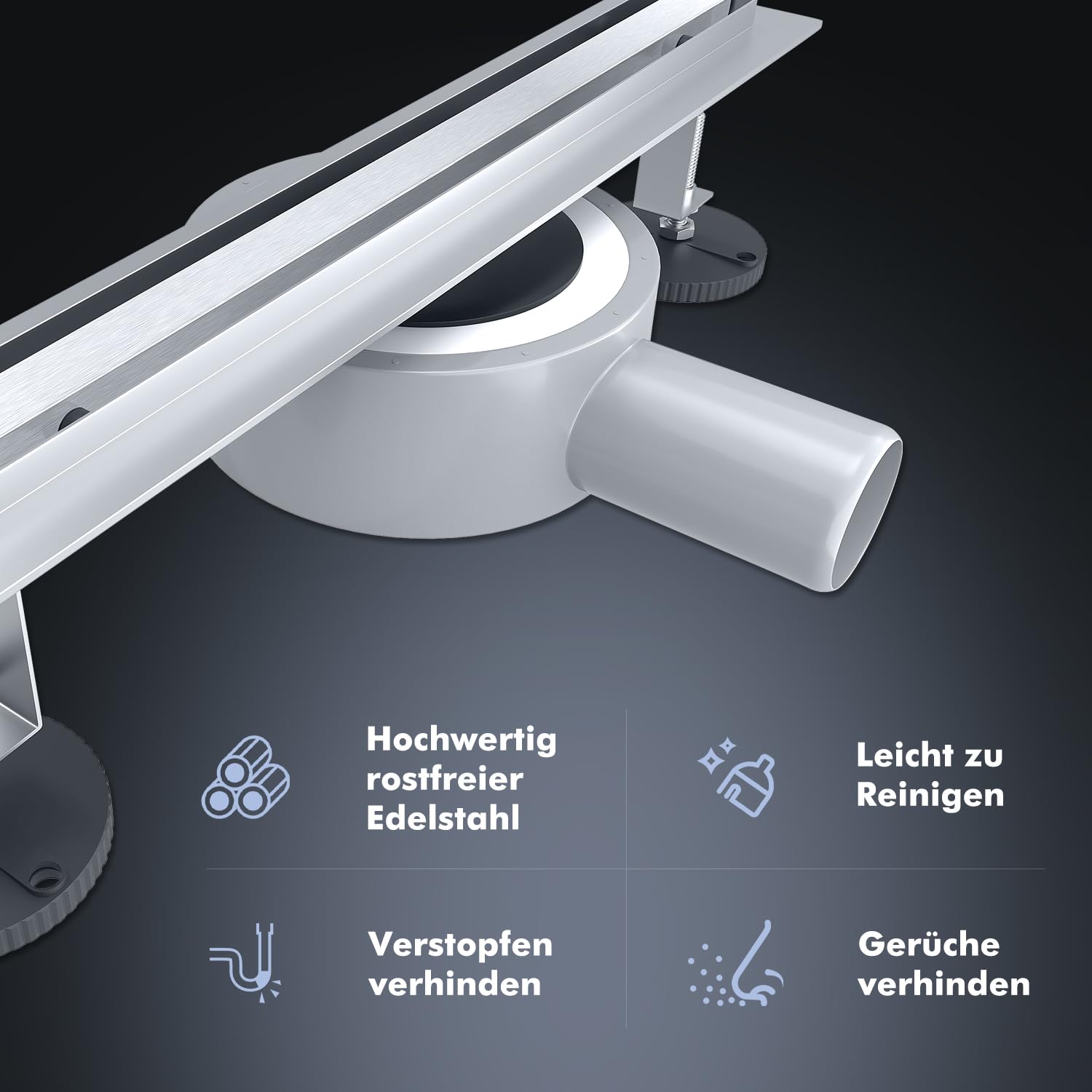 Canalina per doccia, 90 cm, in acciaio inox, set completo, con sistema antiodore e filtro per capelli a 360°, ultra sottile